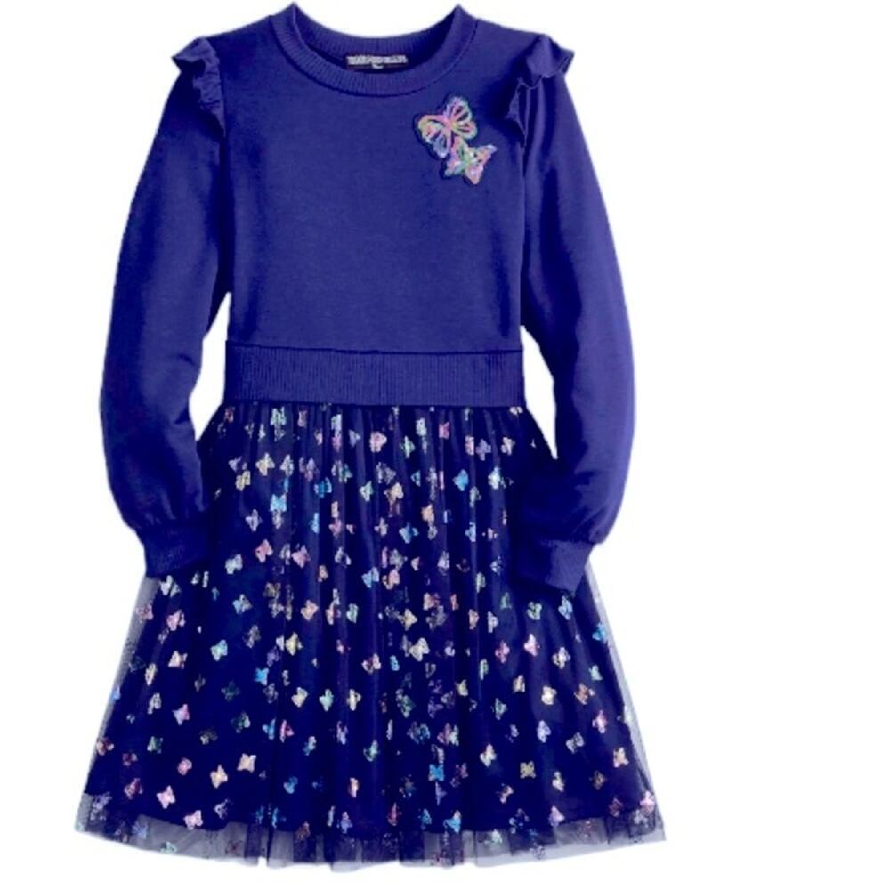 Girls butterfly dress Three Pink Hearts long sleeve ruffle shoulder sparkly M
C